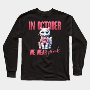 In October We Wear Pink - Heterochromatic White Cat Breast Cancer Awareness Design Long Sleeve T-Shirt