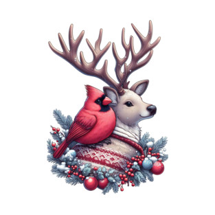 Christmas Reindeer And Cardinal Bird T-Shirt