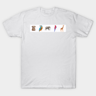 Elephant, Koala, Giraffe, and Birds standing on a white background with a focus on its large size, trunk, and tusks, illustrating a majestic mammal in its natural wildlife environment T-Shirt