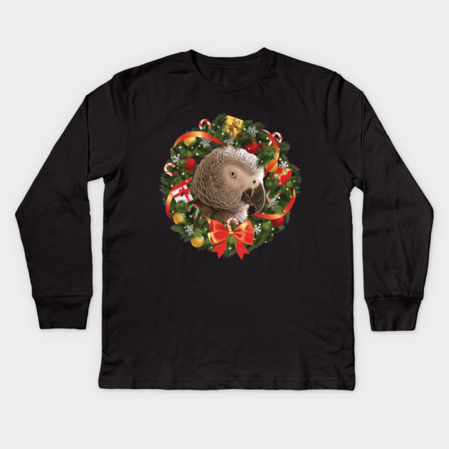 African grey parrot Christmas Wreath Kids Long Sleeve T-Shirt by Einstein Parrot