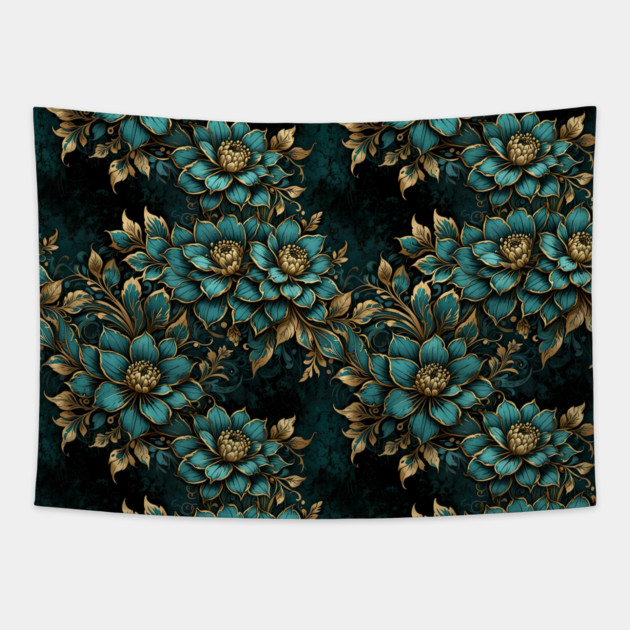 Teal & Gold Florals Tapestry by gjsart