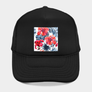 Watercolor tropical leaves and plants. Hand painted jungle greenery background Hat