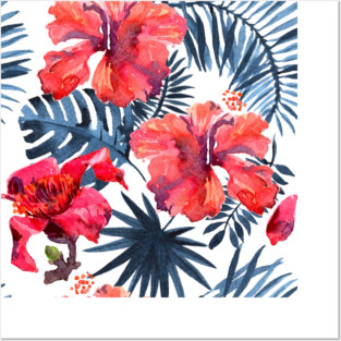 Watercolor tropical leaves and plants. Hand painted jungle greenery background Posters and Art