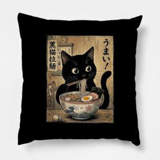 Kawaii Ramen Cat Vintage Retro Japanese Noodles Ukiyo-e Artwork Pillow