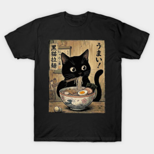 Kawaii Ramen Cat Vintage Retro Japanese Noodles Ukiyo-e Artwork T-Shirt