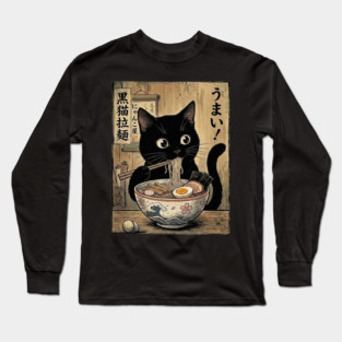 Kawaii Ramen Cat Vintage Retro Japanese Noodles Ukiyo-e Artwork Long Sleeve T-Shirt