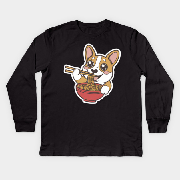 Corgi Eating Ramen, Cute Cartoon Dog Ramen Lover Kids Long Sleeve T-Shirt by Pixel Threads 