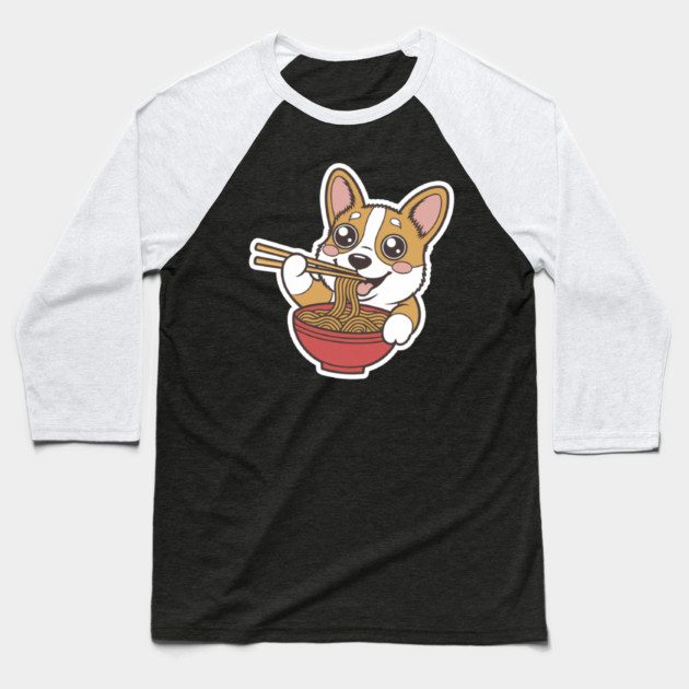Corgi Eating Ramen, Cute Cartoon Dog Ramen Lover Baseball T-Shirt by Pixel Threads 