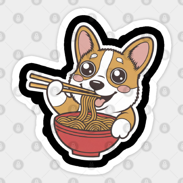 Corgi Eating Ramen, Cute Cartoon Dog Ramen Lover Sticker by Pixel Threads 