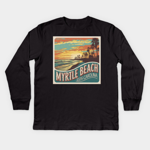 Vintage Myrtle Beach Sunset, Retro South Carolina Beach Kids Long Sleeve T-Shirt by Pixel Threads 