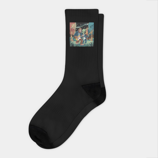 Alien Bigfoot Guitar Jam, Cosmic Cryptid Design Socks by Pixel Threads 