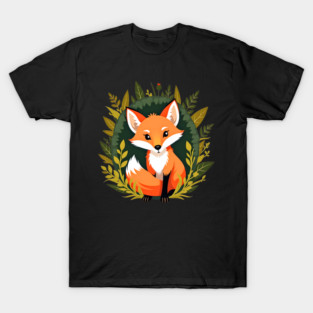 Playful fox nestled in a woodland scene with vibrant leaves T-Shirt