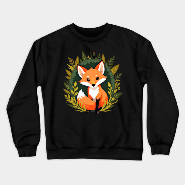 Playful fox nestled in a woodland scene with vibrant leaves Crewneck Sweatshirt by BirdsnStuff