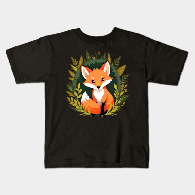 Playful fox nestled in a woodland scene with vibrant leaves Kids T-Shirt by BirdsnStuff