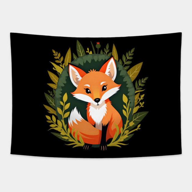 Playful fox nestled in a woodland scene with vibrant leaves Tapestry by BirdsnStuff