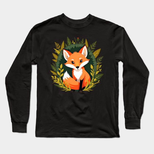 Playful fox nestled in a woodland scene with vibrant leaves Long Sleeve T-Shirt by BirdsnStuff