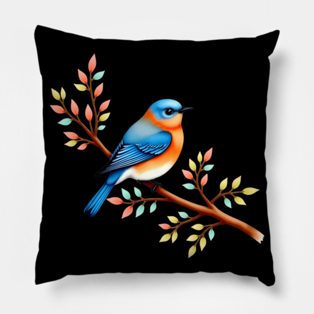 Bluebird on Branch with Colorful Leaves Art Pillow by BirdsnStuff