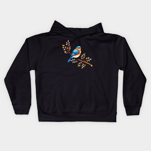 Bluebird on Branch with Colorful Leaves Art Kids Hoodie by BirdsnStuff