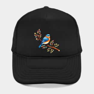 Bluebird on Branch with Colorful Leaves Art Hat