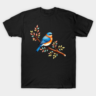 Bluebird on Branch with Colorful Leaves Art T-Shirt