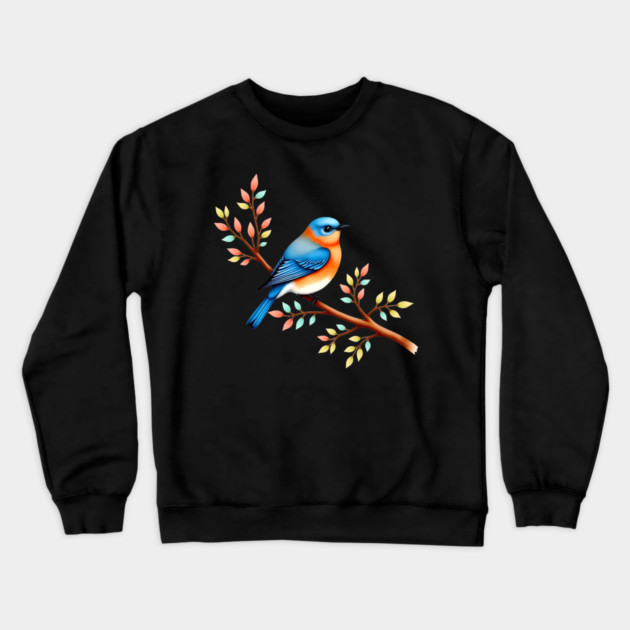 Bluebird on Branch with Colorful Leaves Art Crewneck Sweatshirt by BirdsnStuff
