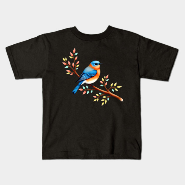 Bluebird on Branch with Colorful Leaves Art Kids T-Shirt by BirdsnStuff