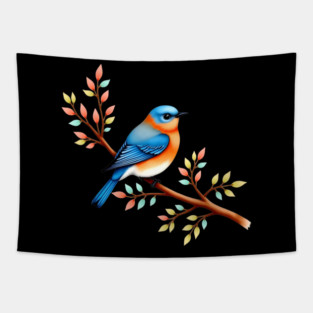 Bluebird on Branch with Colorful Leaves Art Tapestry