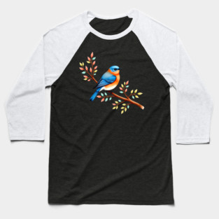 Bluebird on Branch with Colorful Leaves Art Baseball T-Shirt