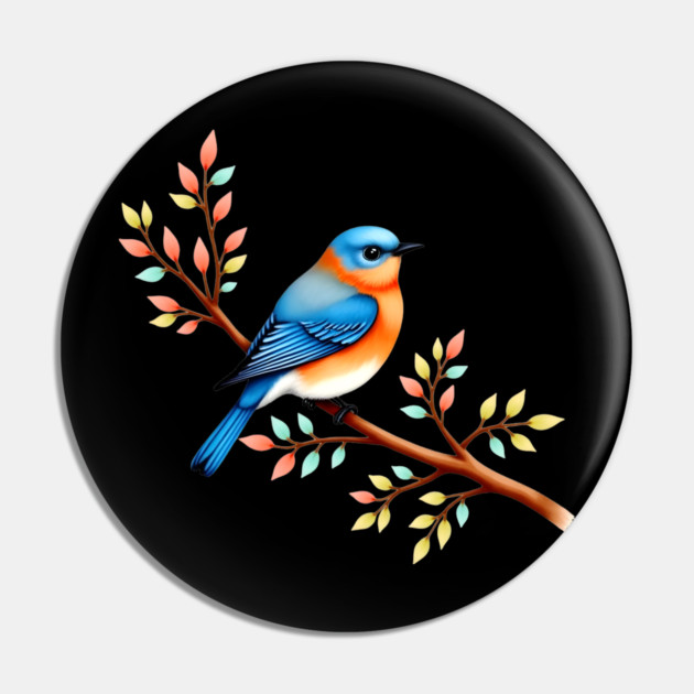 Bluebird on Branch with Colorful Leaves Art Pin by BirdsnStuff