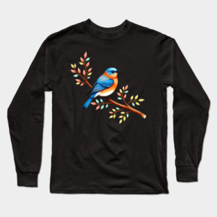 Bluebird on Branch with Colorful Leaves Art Long Sleeve T-Shirt