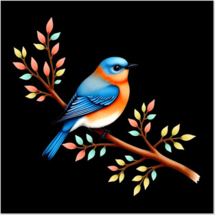 Bluebird on Branch with Colorful Leaves Art Posters and Art