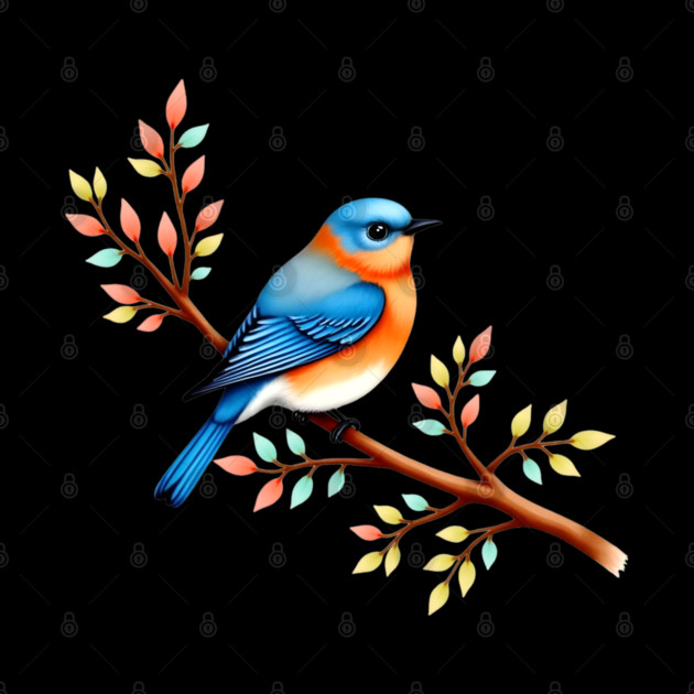 Bluebird on Branch with Colorful Leaves Art by BirdsnStuff