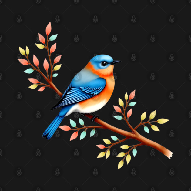Bluebird on Branch with Colorful Leaves Art by BirdsnStuff