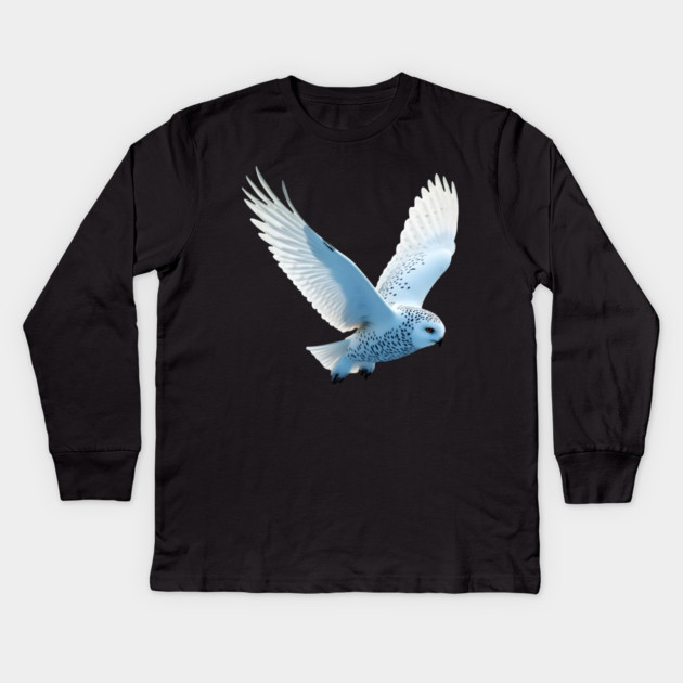 Snowy Owl in Flight Kids Long Sleeve T-Shirt by BirdsnStuff