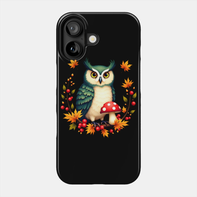 Fall Owl with Mushrooms and Colorful Leaves Phone Case by BirdsnStuff