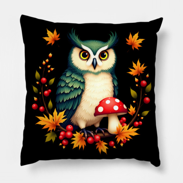 Fall Owl with Mushrooms and Colorful Leaves Pillow by BirdsnStuff
