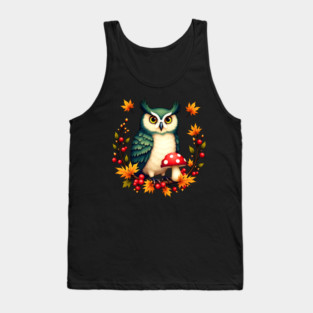 Fall Owl with Mushrooms and Colorful Leaves Tank Top