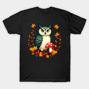 Fall Owl with Mushrooms and Colorful Leaves T-Shirt