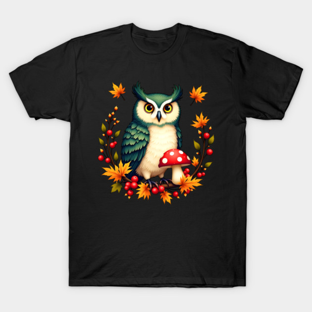 Fall Owl with Mushrooms and Colorful Leaves T-Shirt by BirdsnStuff