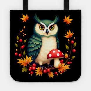 Fall Owl with Mushrooms and Colorful Leaves Tote