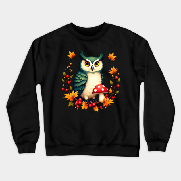 Fall Owl with Mushrooms and Colorful Leaves Crewneck Sweatshirt by BirdsnStuff
