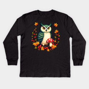 Fall Owl with Mushrooms and Colorful Leaves Kids Long Sleeve T-Shirt