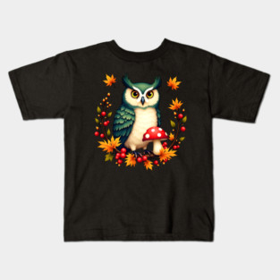 Fall Owl with Mushrooms and Colorful Leaves Kids T-Shirt