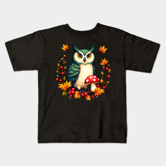 Fall Owl with Mushrooms and Colorful Leaves Kids T-Shirt by BirdsnStuff
