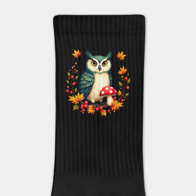 Fall Owl with Mushrooms and Colorful Leaves by BirdsnStuff