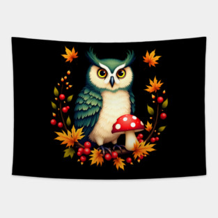 Fall Owl with Mushrooms and Colorful Leaves Tapestry