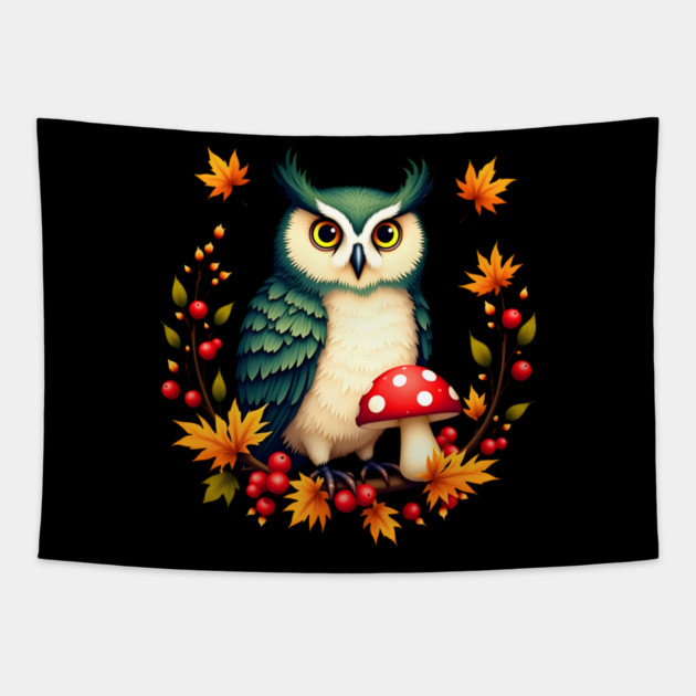 Fall Owl with Mushrooms and Colorful Leaves Tapestry by BirdsnStuff