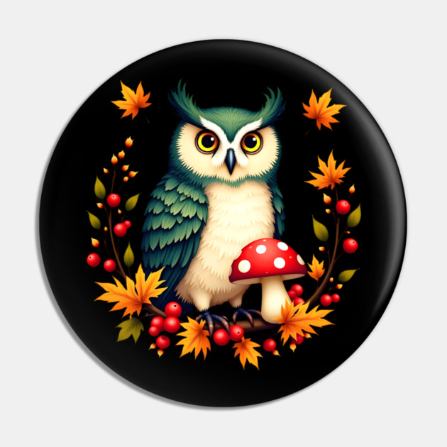 Fall Owl with Mushrooms and Colorful Leaves Pin by BirdsnStuff