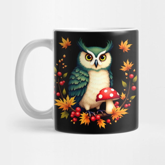 Fall Owl with Mushrooms and Colorful Leaves by BirdsnStuff