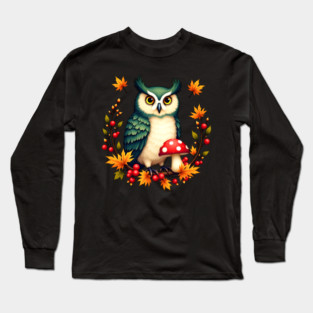 Fall Owl with Mushrooms and Colorful Leaves Long Sleeve T-Shirt